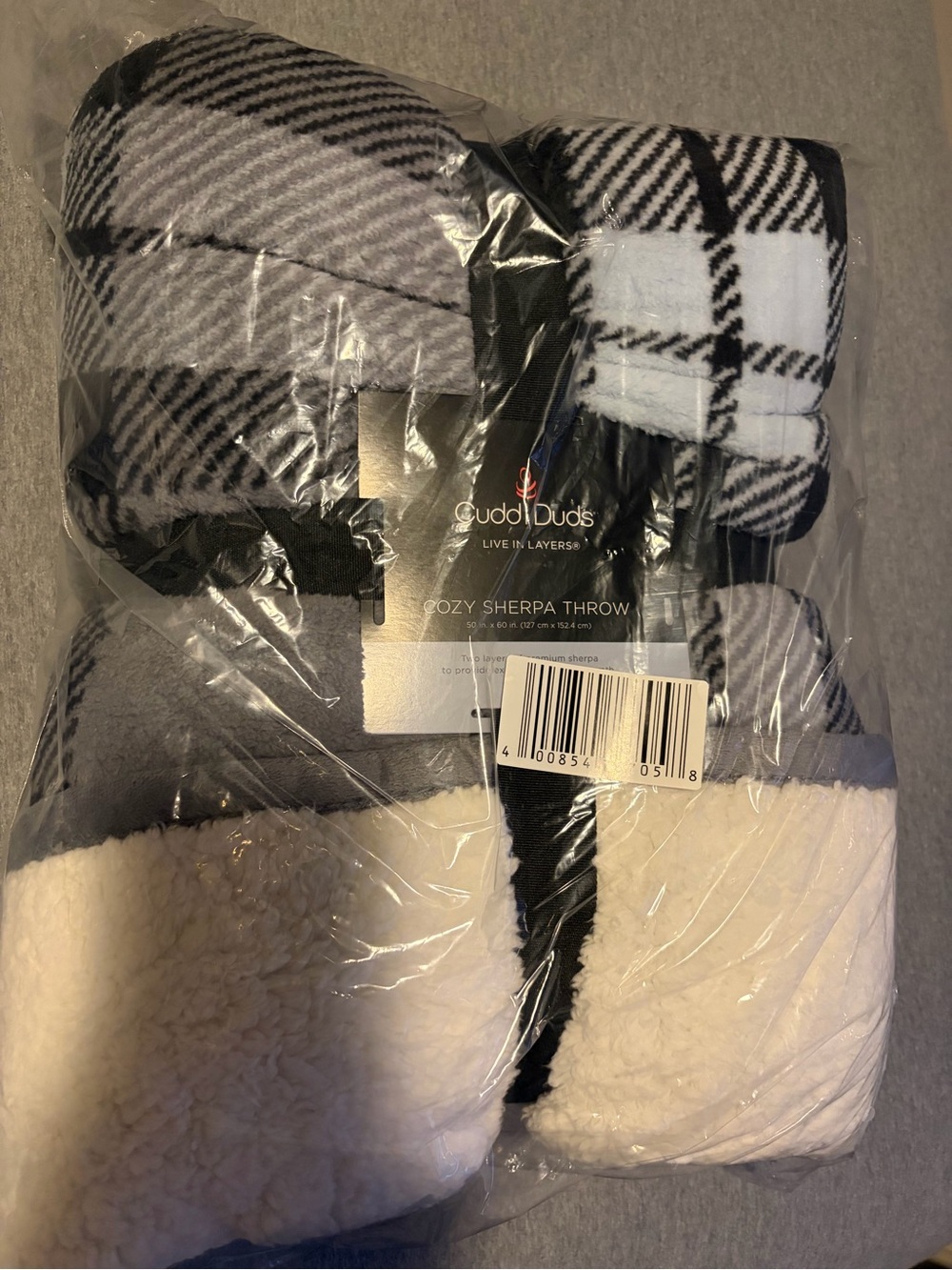 NWT: Cuddl Duds Black, Light Blue & White Plaid Cozy Sherpa Throw